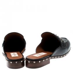 Pre Owned Valentino Black Leather Soul Rockstud Flat Mules Size 37.5