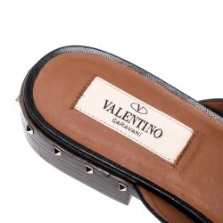 Pre Owned Valentino Black Leather Soul Rockstud Flat Mules Size 37.5