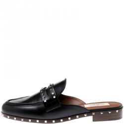 Pre Owned Valentino Black Leather Soul Rockstud Flat Mules Size 37.5