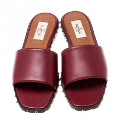 Pre Owned Valentino Rubino/Noce Scuro Leather Soul Rockstud Flat Slides Size 37