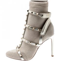 Pre Owned Valentino Platino Stretch Knit and Leather Rockstud Bodytech Ankle Boots Size 37