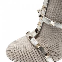 Pre Owned Valentino Platino Stretch Knit and Leather Rockstud Bodytech Ankle Boots Size 37