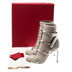 Pre Owned Valentino Platino Stretch Knit and Leather Rockstud Bodytech Ankle Boots Size 37