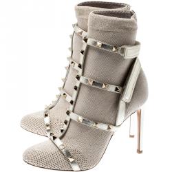 Pre Owned Valentino Platino Stretch Knit and Leather Rockstud Bodytech Ankle Boots Size 37