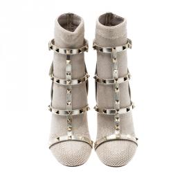 Pre Owned Valentino Platino Stretch Knit and Leather Rockstud Bodytech Ankle Boots Size 37