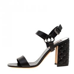 Pre Owned Valentino Black Leather Rockstud Spike Block Heel Sandals Size 37.5