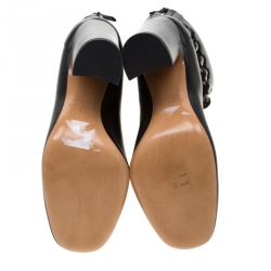 Pre Owned Valentino Black Leather Chain Link Embellished Block Heel Ankle Boots Size 36