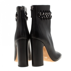Pre Owned Valentino Black Leather Chain Link Embellished Block Heel Ankle Boots Size 36