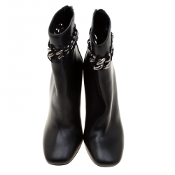Pre Owned Valentino Black Leather Chain Link Embellished Block Heel Ankle Boots Size 36