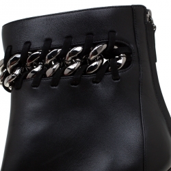 Pre Owned Valentino Black Leather Chain Link Embellished Block Heel Ankle Boots Size 36