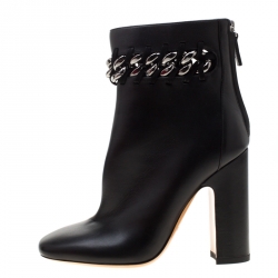 Pre Owned Valentino Black Leather Chain Link Embellished Block Heel Ankle Boots Size 36