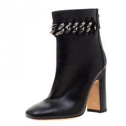 Pre Owned Valentino Black Leather Chain Link Embellished Block Heel Ankle Boots Size 36
