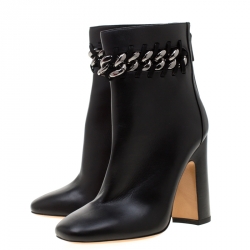 Pre Owned Valentino Black Leather Chain Link Embellished Block Heel Ankle Boots Size 36