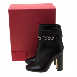 Pre Owned Valentino Black Leather Chain Link Embellished Block Heel Ankle Boots Size 36
