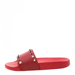 Pre Owned Valentino Red Rubber Rockstud Slide Sandals Size 38