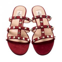 Pre Owned Valentino Scarlet/Rubino Suede Rockstud Flat Slides Size 37