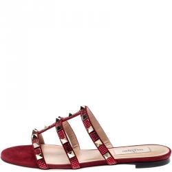 Pre Owned Valentino Scarlet/Rubino Suede Rockstud Flat Slides Size 37