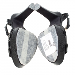 Pre Owned Valentino Black Python Leather And Fur Peep Toe Ankle Strap Platform Sandals Size 38.5