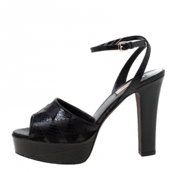 Pre Owned Valentino Black Python Leather And Fur Peep Toe Ankle Strap Platform Sandals Size 38.5