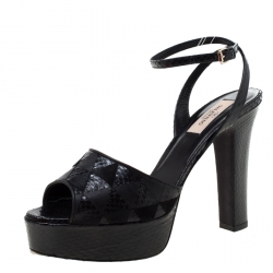 Pre Owned Valentino Black Python Leather And Fur Peep Toe Ankle Strap Platform Sandals Size 38.5