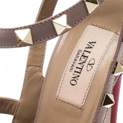 Pre Owned Valentino Rosso V./Poudre Leather Rockstud Ankle Strap Sandals Size 38