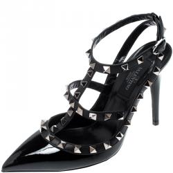 Pre Owned Valentino Black Patent Leather Rockstud Ankle Strap Sandals Size 37
