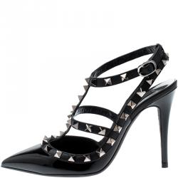 Pre Owned Valentino Black Patent Leather Rockstud Ankle Strap Sandals Size 37