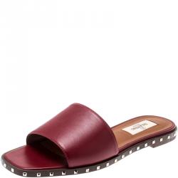 Pre Owned Valentino Rubino/Noce Scuro Leather Soul Rockstud Flat Slides Size 37.5
