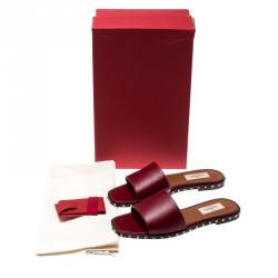 Pre Owned Valentino Rubino/Noce Scuro Leather Soul Rockstud Flat Slides Size 37.5