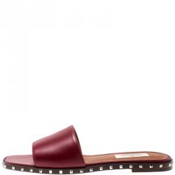 Pre Owned Valentino Rubino/Noce Scuro Leather Soul Rockstud Flat Slides Size 37.5