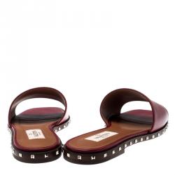 Pre Owned Valentino Rubino/Noce Scuro Leather Soul Rockstud Flat Slides Size 37.5