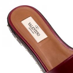 Pre Owned Valentino Rubino/Noce Scuro Leather Soul Rockstud Flat Slides Size 37.5