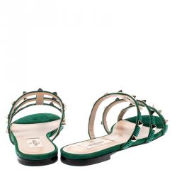 Pre Owned Valentino Emerald/Smeraldo Suede Rockstud Flat Slides Size 37