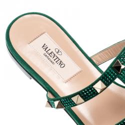 Pre Owned Valentino Emerald/Smeraldo Suede Rockstud Flat Slides Size 37