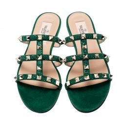 Pre Owned Valentino Emerald/Smeraldo Suede Rockstud Flat Slides Size 37