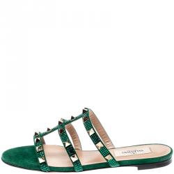 Pre Owned Valentino Emerald/Smeraldo Suede Rockstud Flat Slides Size 37