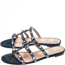 Pre Owned Valentino Sapphire/Marine Suede Rockstud Flat Slides Size 38
