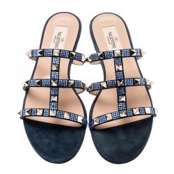 Pre Owned Valentino Sapphire/Marine Suede Rockstud Flat Slides Size 38