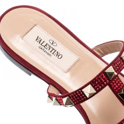 Pre Owned Valentino Scarlet/Rubino Suede Rockstud Flat Slides Size 37