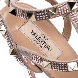 Pre Owned Valentino Vintage Rose/Poudre Suede Crystal Embellished Rockstud Gladiator Sandals Size 39