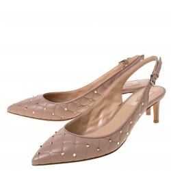 Pre Owned Valentino Beige Quilted Leather Rockstud Embellished Pointed Toe Slingback Sandals Size 41
