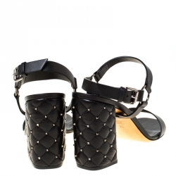 Pre Owned Valentino Black Leather City Ankle Strap Quilted Rockstud Block Heel Sandals Size 39