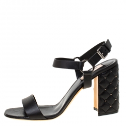 Pre Owned Valentino Black Leather City Ankle Strap Quilted Rockstud Block Heel Sandals Size 39