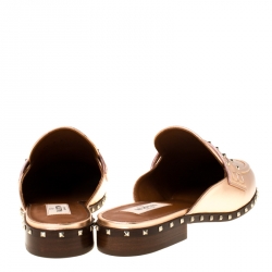 Pre Owned Valentino Metallic Rose Gold Leather Soul Rockstud Trim Flat Mules Size 39