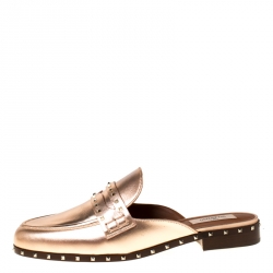Pre Owned Valentino Metallic Rose Gold Leather Soul Rockstud Trim Flat Mules Size 39