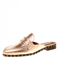 Pre Owned Valentino Metallic Rose Gold Leather Soul Rockstud Trim Flat Mules Size 39