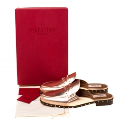 Pre Owned Valentino Metallic Rose Gold Leather Soul Rockstud Trim Flat Mules Size 39