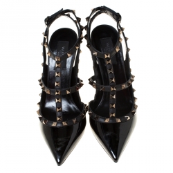 Pre Owned Valentino Black Patent Leather Rockstud Sandals Size 37.5