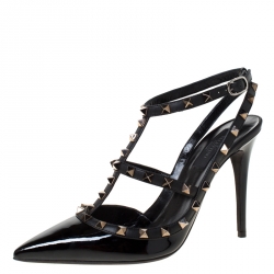 Pre Owned Valentino Black Patent Leather Rockstud Sandals Size 37.5