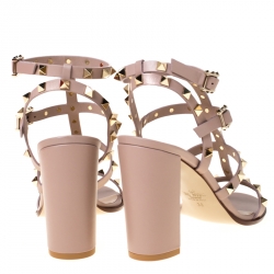 Pre Owned Valentino Beige Leather Rockstud Block Heel Gladiator Sandals Size 38